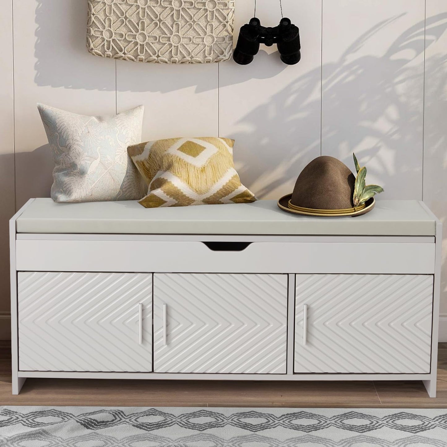 ECOTOUGE Storage Bench, Shoe Bench with Lift Top Storage, Entryway Bench with Cushioned Seat, Adjustable Shelf for Living Room, Bedroom, Hallway, Light Grey
