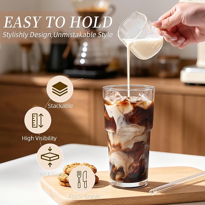 Iced Coffee Cups with Lids: Coffee Bar Accessories - Tumbler Leak Proof for To Go Iced Coffee Cups with Lids 4 Pack - 20 oz Glass Cups with Lids and Straws - Thickened Glass Tumbler with Straw and Lid