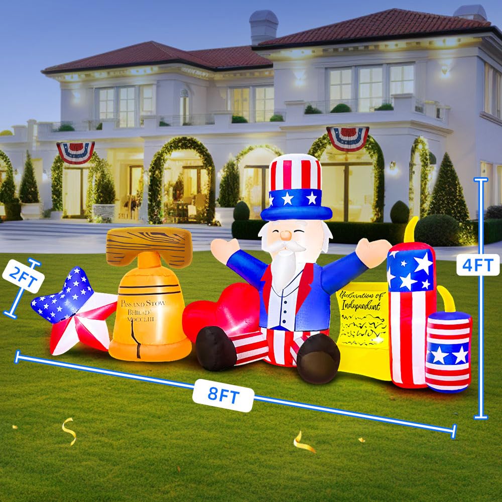 8FT Patriotic Independence Day 4th of July Inflatables Outdoor Decoration, Inflatable Uncle Sam Comboine, Built in LED Lights Blow up Fourth of July Decor for Holiday Party Garden Yard Lawn