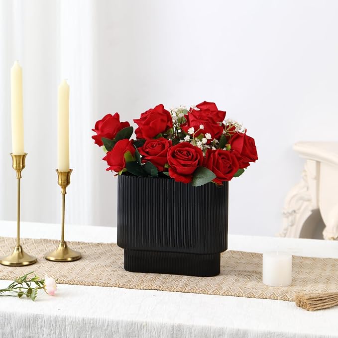 Ribbed Vase, Black Glass Vase for Flowers, Black Flower Vases for Tulips, Modern Vases for Living Room, Dining Table, Office, Bedroom, Mantle, Shelf, Wedding, 7 Inch