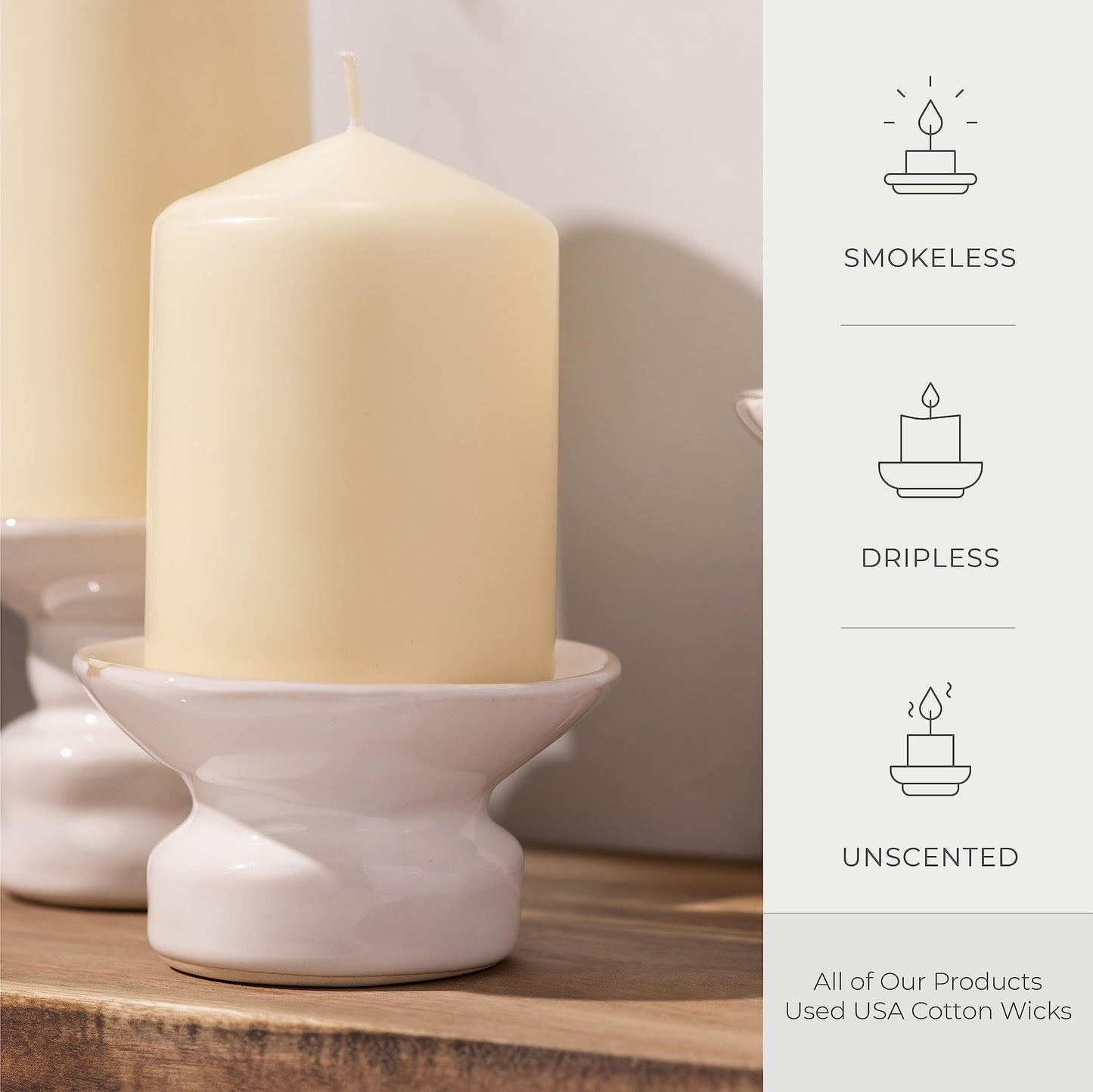 Bask Cone Top Pillar Candles - Elegant Ivory Candles - Set of 3 Ivory Pillar Candles - 3"x4", 3"x6", and 3" x8 - Smokeless and Dripless Decorative Candles for Home Decor and Relaxation