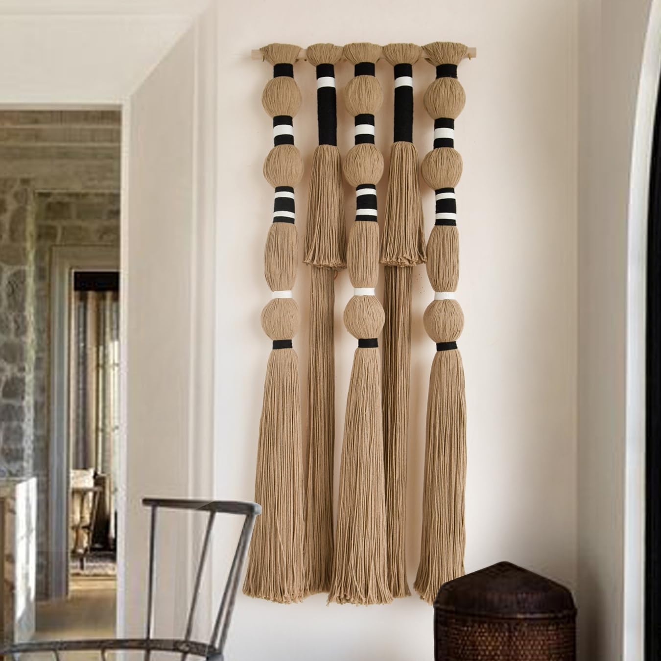 Flber Macrame Wall Hanging Khaki Black Geometric Yarn Wall Art Cotton Tassel Textile Wall Decor for Bedroom Living Room 15.7" W x 39" L
