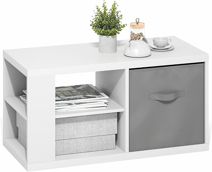 Furinno Viola Coffee Table, 3-Tier Modern Center Table with 1.2 Thick Tabletop, Side Table with Open Shelf and Storage Bin, for Living Room, Bedroom, Home Office, White/Light Grey
