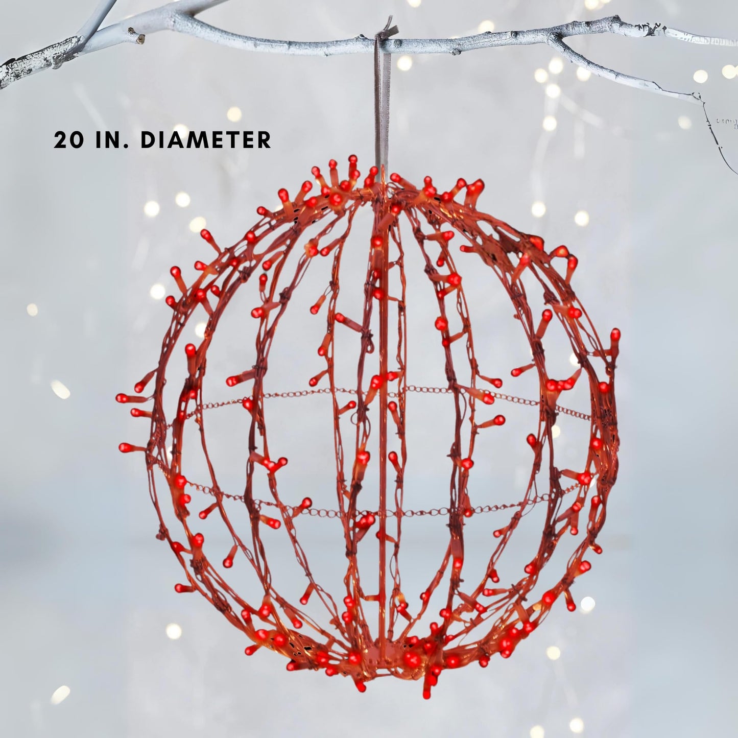 Holiday Bright Lights 20" Brown Sphere Foldable Christmas Lights, Pathway Ball Light and Decoration for Indoor/Outdoor, Hanging Orb Lights for Backyard, Garden Patio and Garage LED - 200L Red