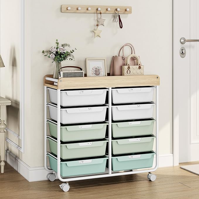 10 Drawers Rolling Cart with Wooden Tabletop, Utility Storage Cart with Wheels, Art Supply Craft Organizer on Wheel with Metal Frame & Handles for Home Office School,Green