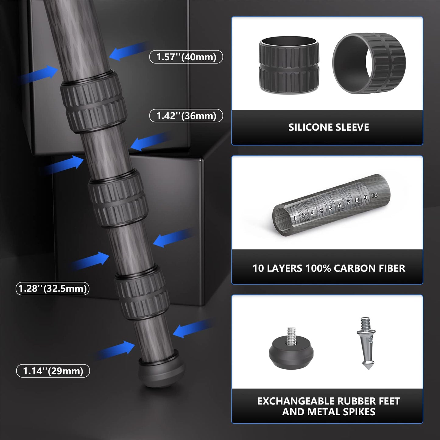 Carbon Fiber Tripod WEYLLAN LX9 Professional Heavy Duty Tripod for Camera, with 75mm Bowl and Adapter, 40mm Leg Tube, 10 Layers Carbon Fibre Bowl Tripods Camera Max Load 88lbs/40kg