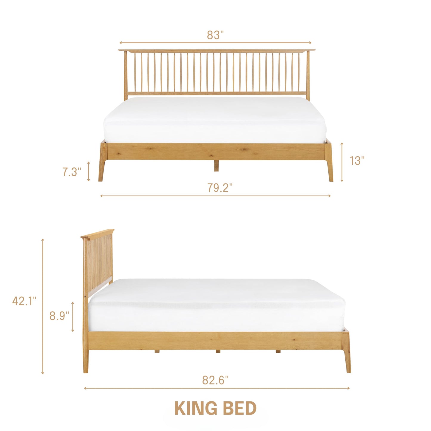 NTC Ruby Wooden Bed Frame with Headboard, Solid Wood Foundation with Silent Slats and Wood Central Supports, 1000 Lb Capacity, Effortless Assembly (Rustic Oak, King)