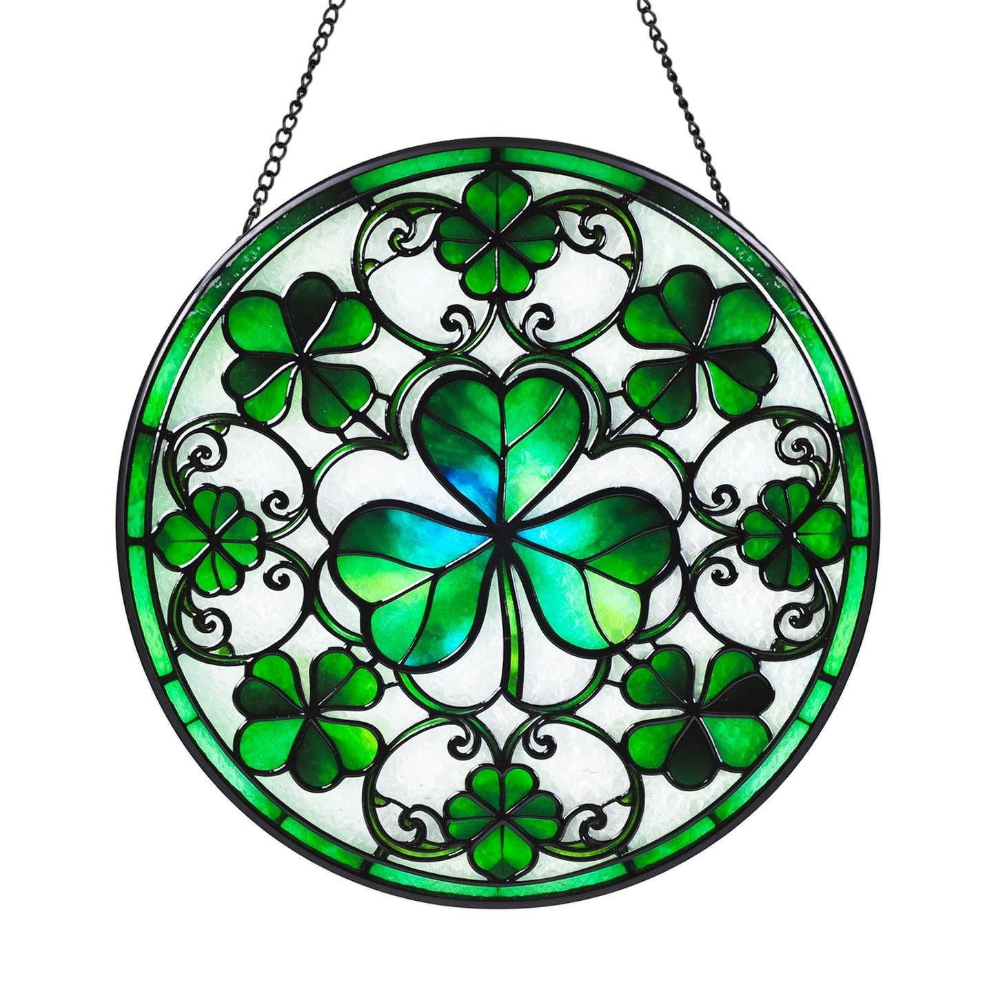 Wkyqes Ireland Green Lucky Clover Stained Glass Window Hanging Suncatcher with Chain - 7.9" Irish Shamrock Outdoor/Indoor Art Decor for Home Garden, St. Patrick's Day, Mother's,Ornaments Present