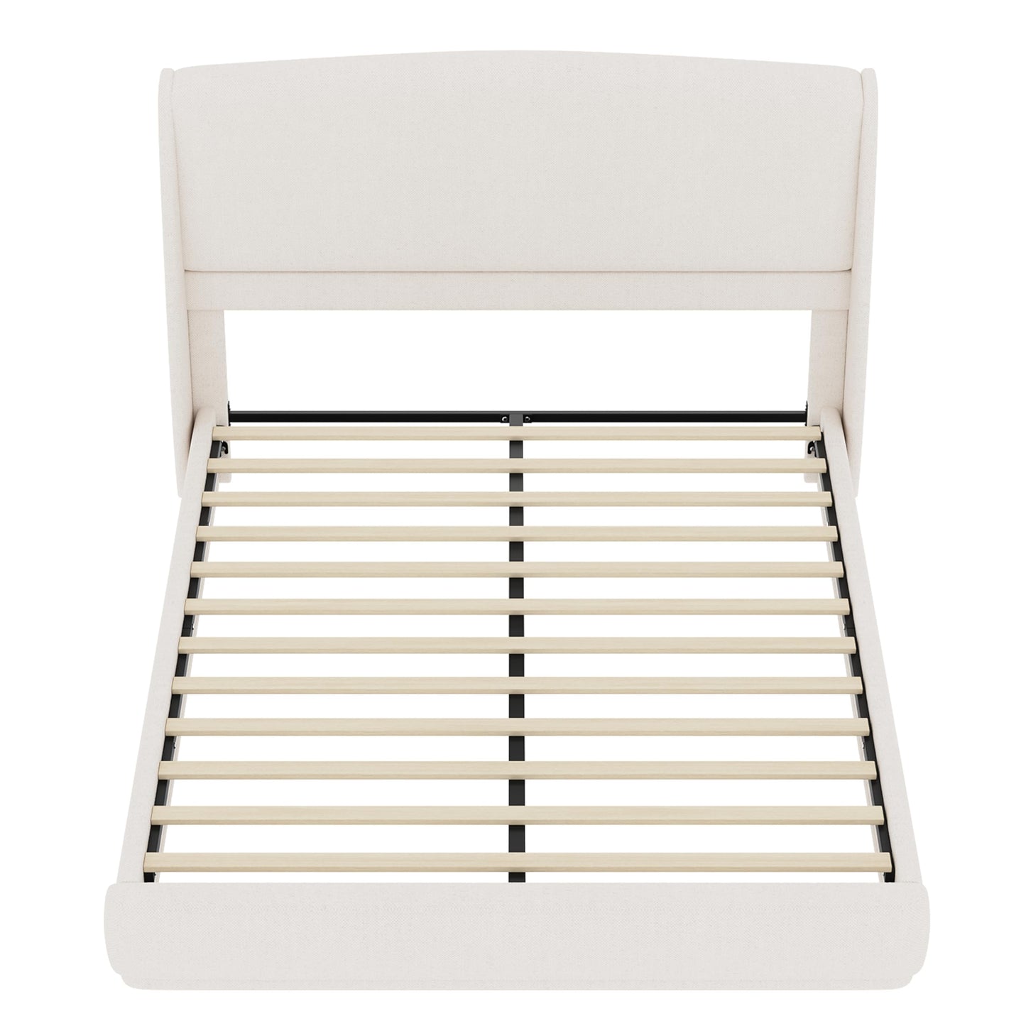 Merax Queen Bed Frame with Wingback Headboard, Low Profile Platform Bed, Linen Fabric, No Box Spring Needed, Wood Slat Support, Easy Assembly, Beige
