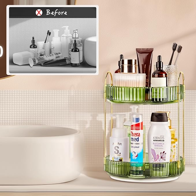 360 Rotating Makeup Organizer, 2 Tier Lazy Susan Bathroom Counter Organizer, Skincare Organizers, Spinning Perfume Organizer & Vanity Organizer Countertop (Gem Green, 2 Tier)