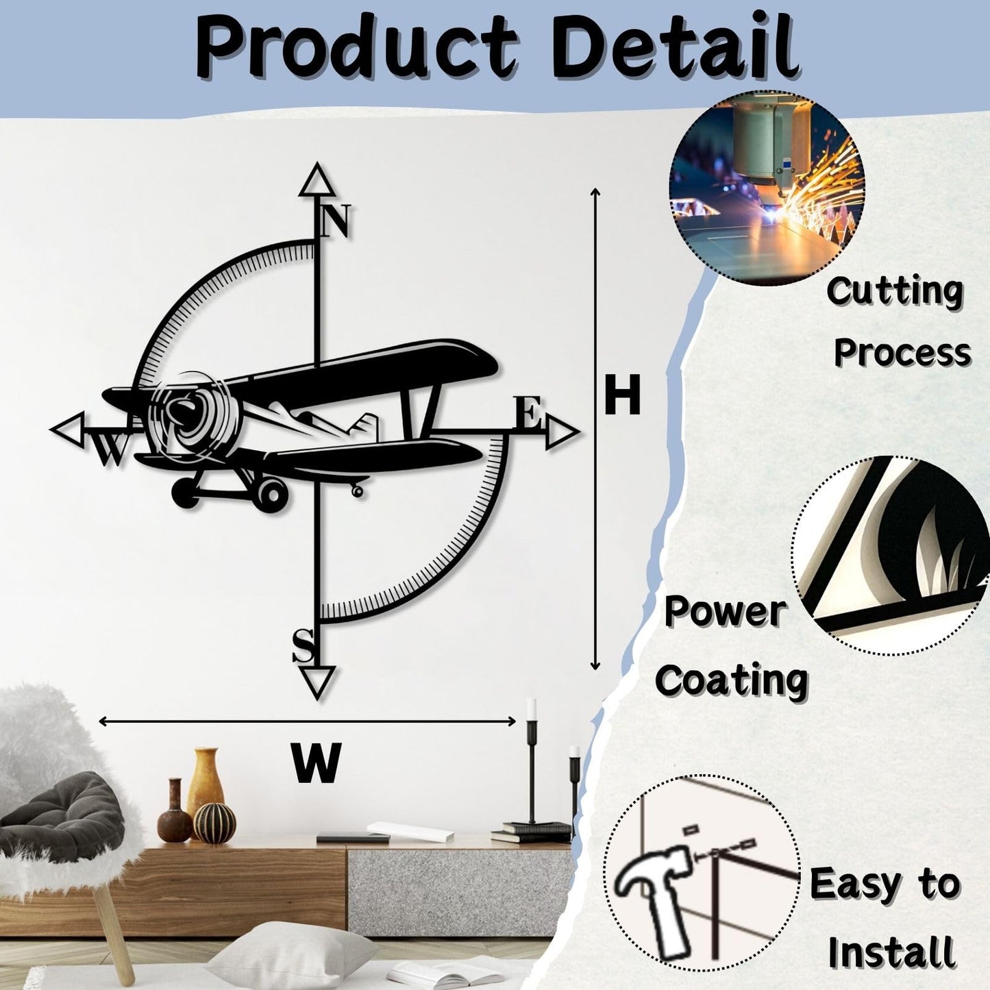 yumcake Metal Airplane Compass Wall Decor, Airplane Metal Wall Art, Aviation Themed Wall Decor for Living Room, Bedroom(Black,35" x 35" / 90 x 90 cm)