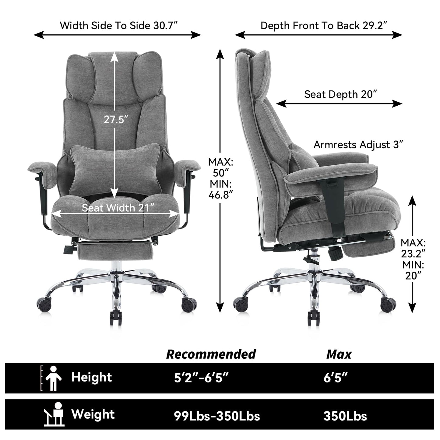 Efomao Executive Office Chair, Soft-Cushioned Computer Chair with Foot Rest, Fabric Home Office Desk Chairs, Big and Tall Office Chairs, Grey