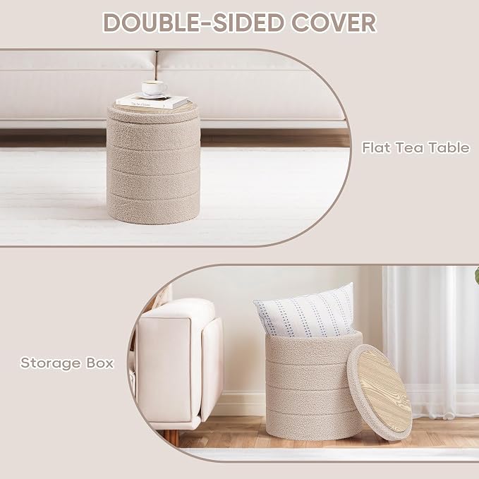 PINPLUS Round Storage Ottoman Foot Rest Stool with Tray Velvet Sherpa Folding Storage Ottoman,Boucle Foot Rest for Living Room, Bedroom, Dorm（Beige）