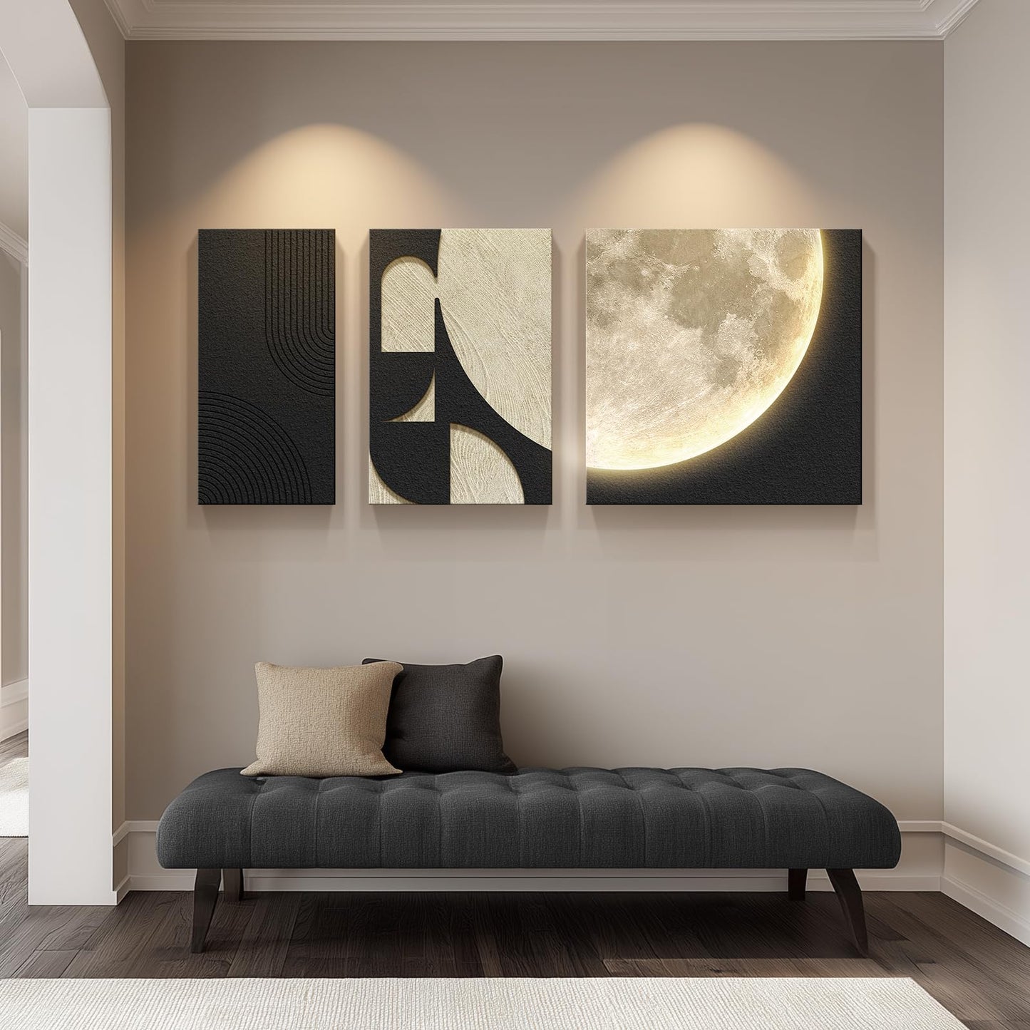 3D LED Abstract Wall Art for Living Room, 3 Piece Neutral Geometric Relief Artwork with Moon Design, Modern Minimalist Black Beige Paintings Wall Decor for Bedroom Dining Room Hallway Entryway Office