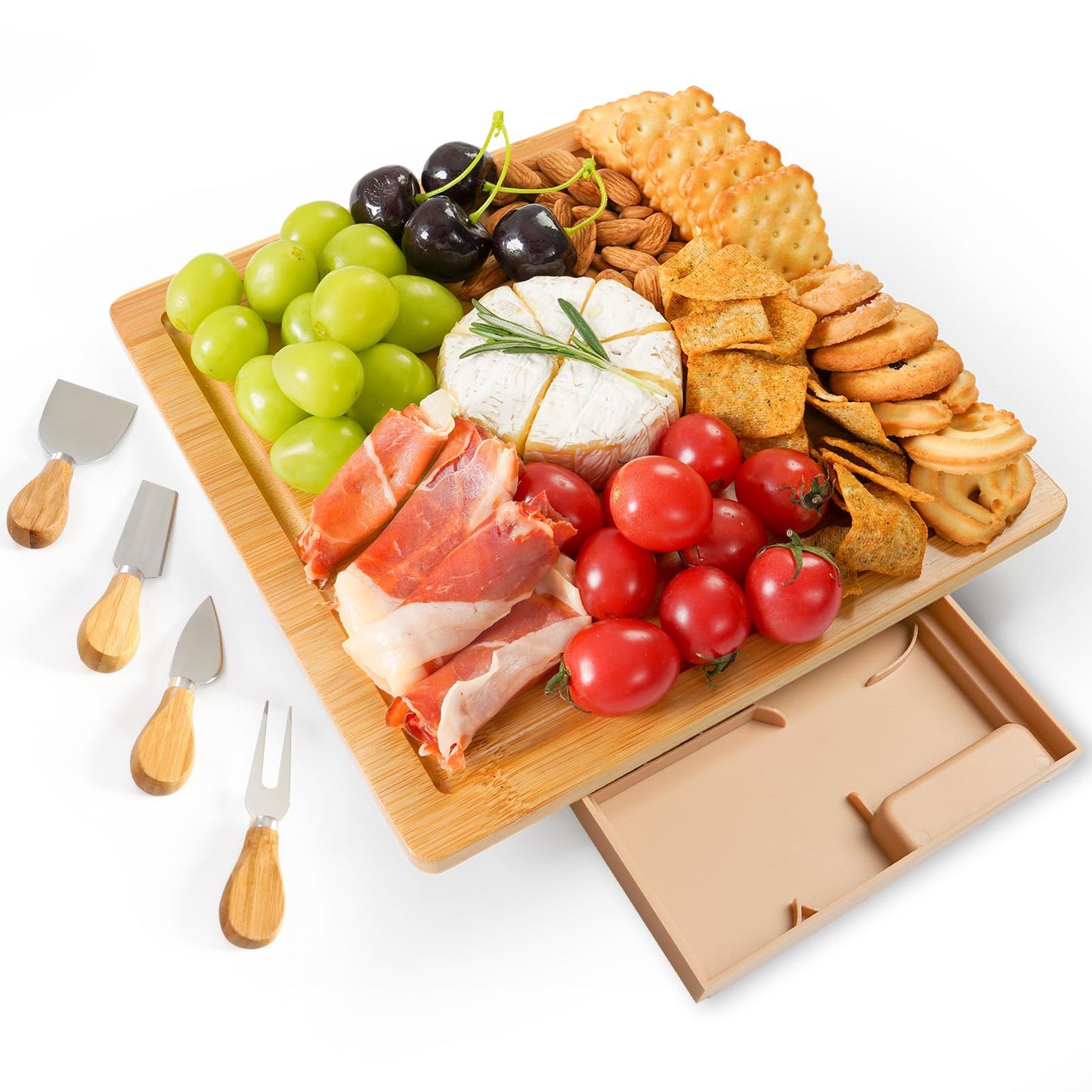 Yibidys Charcuterie Boards Cheese Board Set, Small Charcuterie Board Bamboo Cheese Board with Slide-Out Drawer, House Warming Gifts New Home, Wedding Gifts for Couple, Bridal Shower Gift
