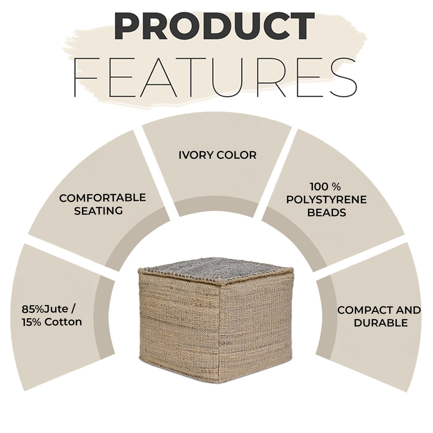 Ash Grey Jute Pouf Ottoman 18x18x14 Inch Handmade Braided Natural Jute & Cotton Floor Pouf, Boho Footstool for Living Room, Bedroom, Extra Seating & Décor