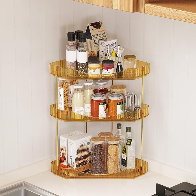 Lifewit 3-Tier Corner Bathroom Counter Organizer, Plastic Makeup Skincare Organizers Storage Countertop, Large Sink Cosmetic Perfume Shelf for Bedroom, Dresser, Kitchen, Vanity, Gold, 25 cm/10inch(H)