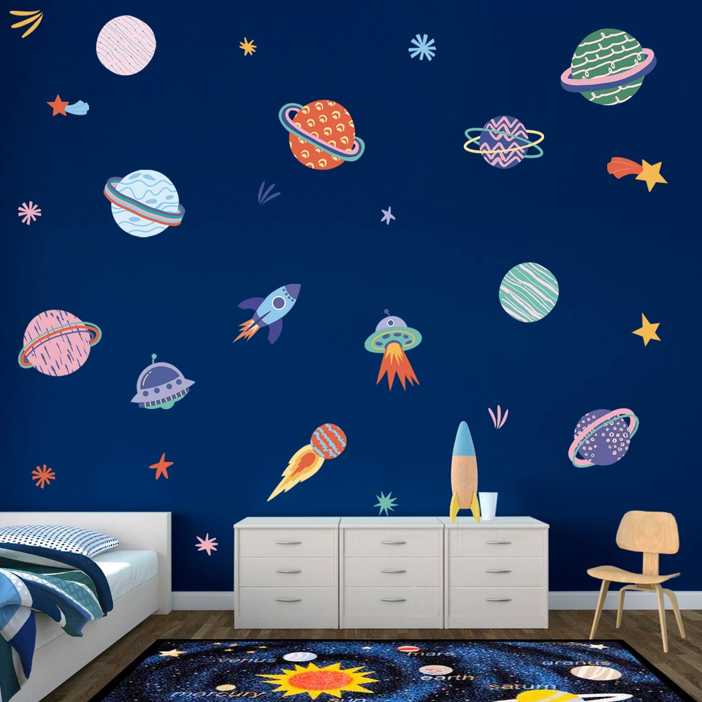 Solar System Galaxy Space Wall Decals Peel and Stick - Rocket Spaceship Star Planets Wall Stickers Removable Vinyl Decals - Aerospace Outer Space Wall Decor for Nursery Playroom Boys Bedroom Kids Room
