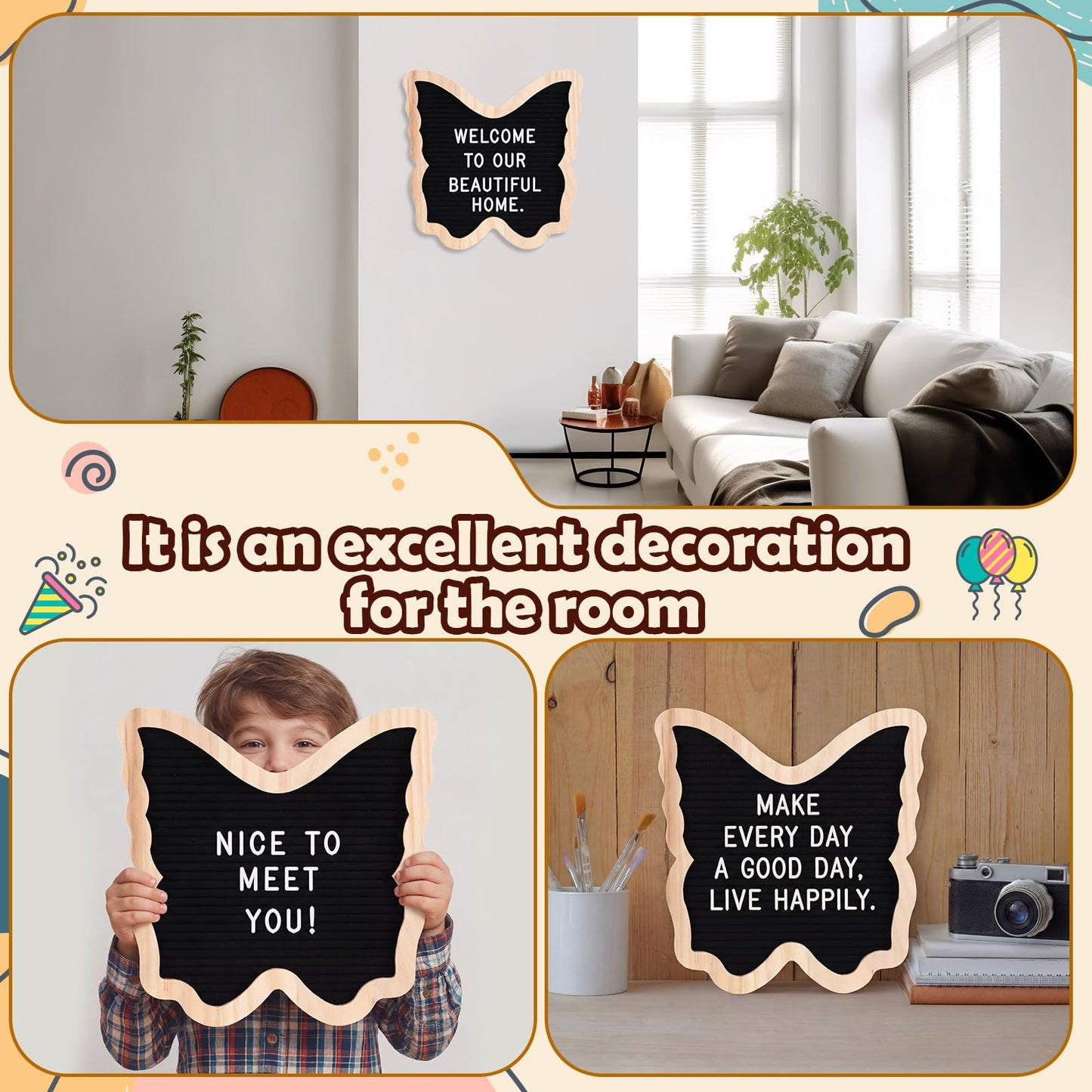 Geyoga Felt Letter Board with 294 Letters Numbers Symbols, 10 x 10 Inch Changeable Message Board with Wooden Frame, Butterfly Shaped Pregnancy Announcement Black Wood Sign, Wall Mount or Stand