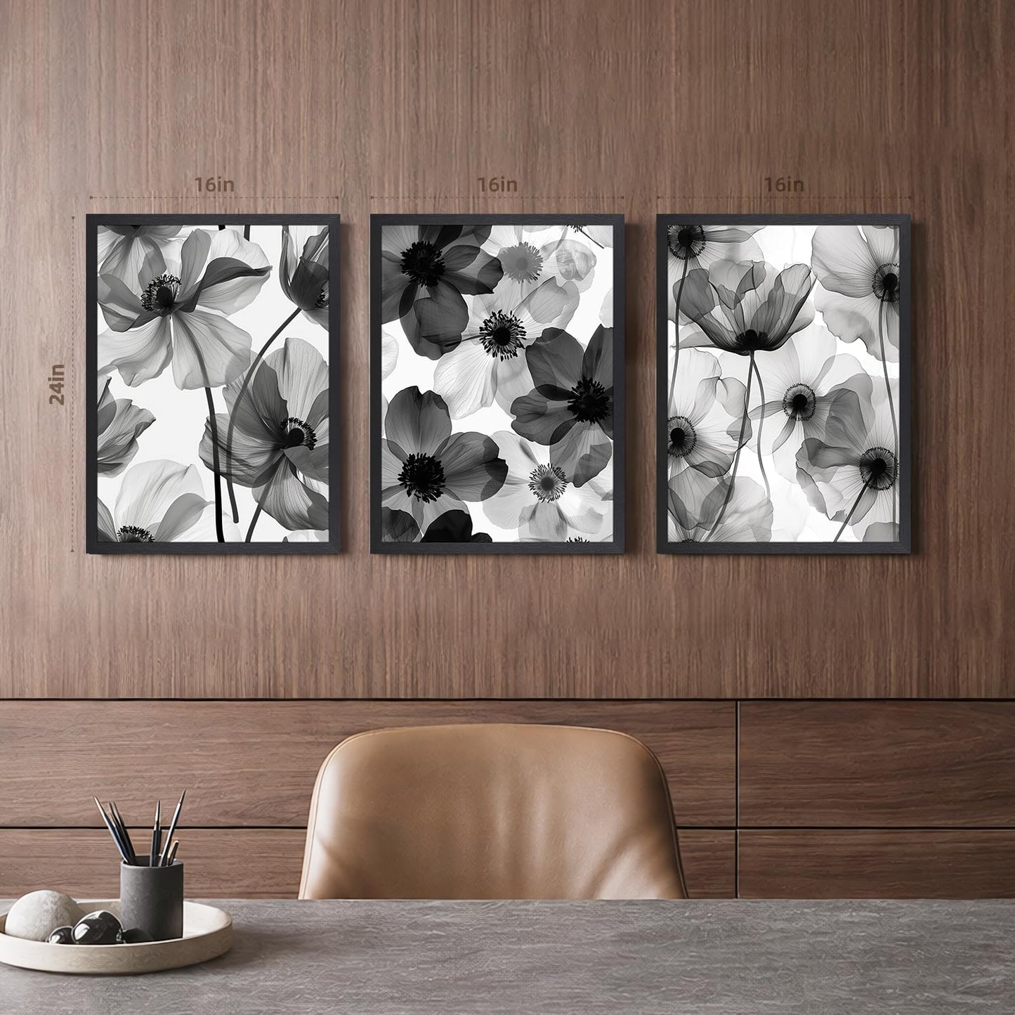 EisEver Black and White Floral Wall Art Set of 3, Neutral Minimalist Bathroom Decor, Modern Flower Canvas Prints, Elegant Nature Botanical Artworks for Bedroom Living Room Wood Framed 12x16 inch