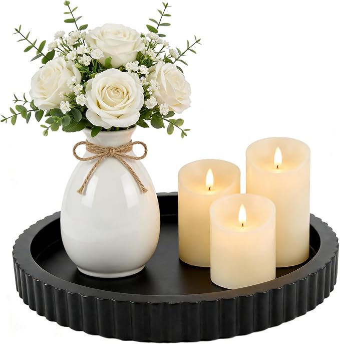Modern Decorative Tray for Coffee Table, 11" Wooden Black Round Small Decor Tray for Candle, Perfume, Vanity, Kitchen Island Counter & Table Centerpiece