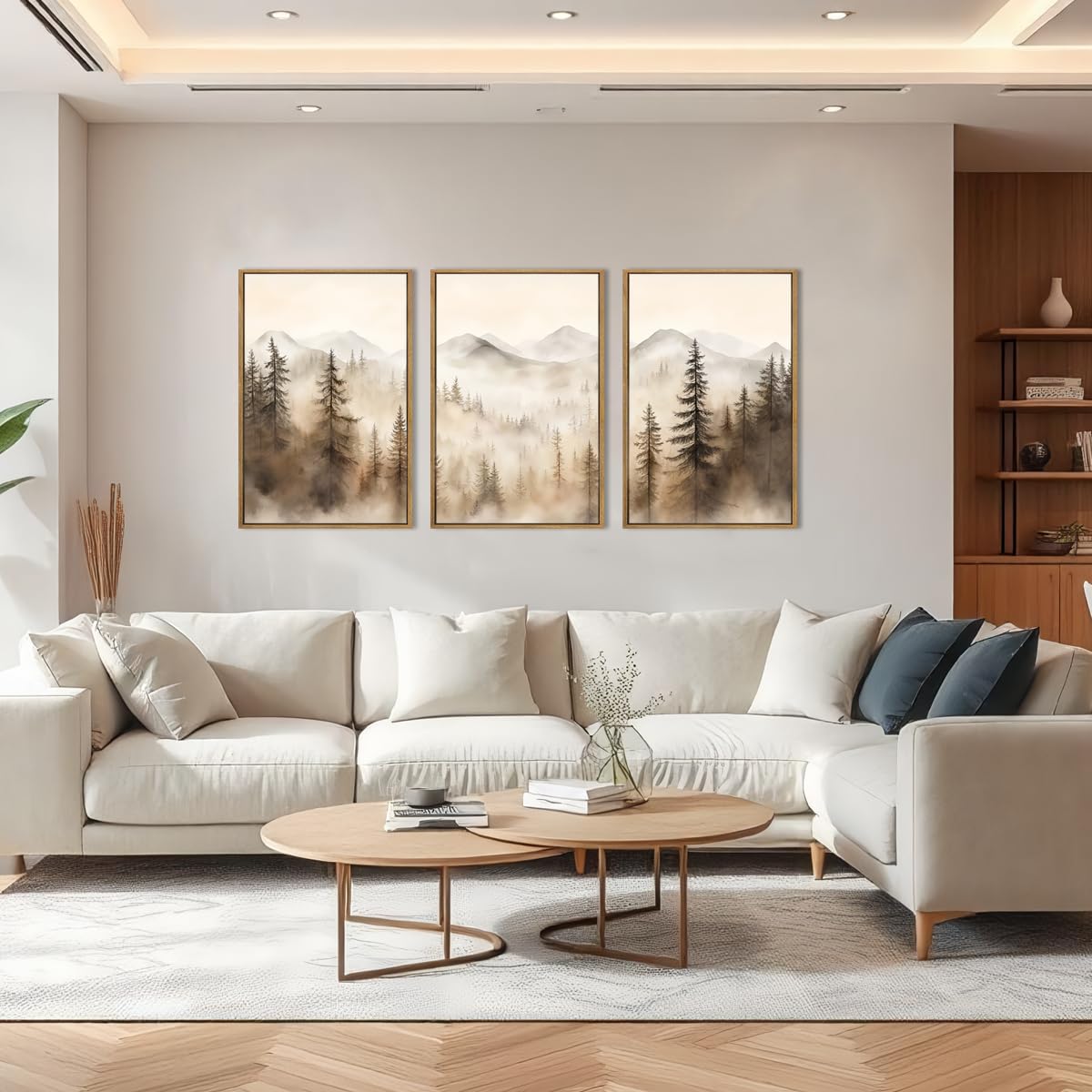 IARTTOP Large Mountain Forest Framed Canvas Wall Art 16x24 Inch Set of 3 Abstract Misty Woodland Painting Modern Farmhouse Art Prints for Living room Dining room