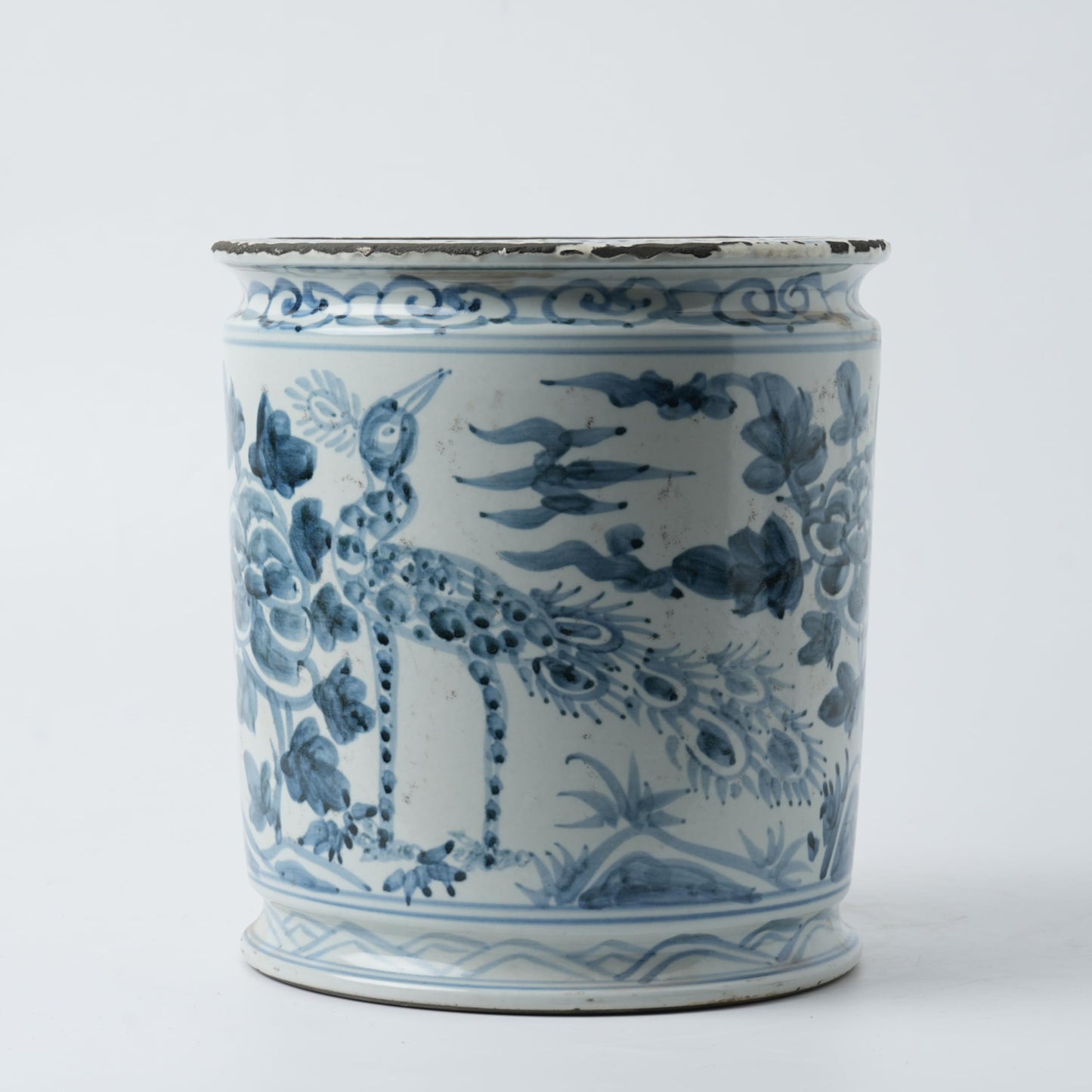 Antique Hand-Painted Flower and Bird Porcelain Pen Holder Old Style Ceramic Planter 9.7 Inch Large Plants Vase Blue & White Porcelain Silla Flower Plant Pots (Sky Blue)
