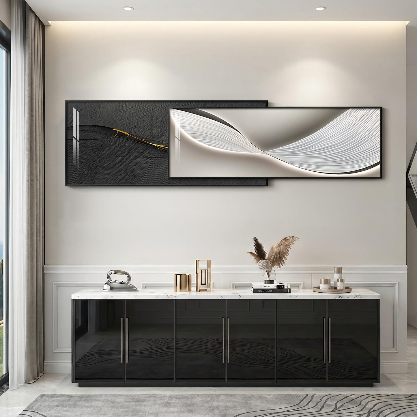 Extra Large Framed Modern Abstract Wall Art for Living Room, Set of 2 Long Horizontal Prints Paintings, Minimalist Black and White Pictures for Hallway Bedroom Dining Room Office Wall Decor