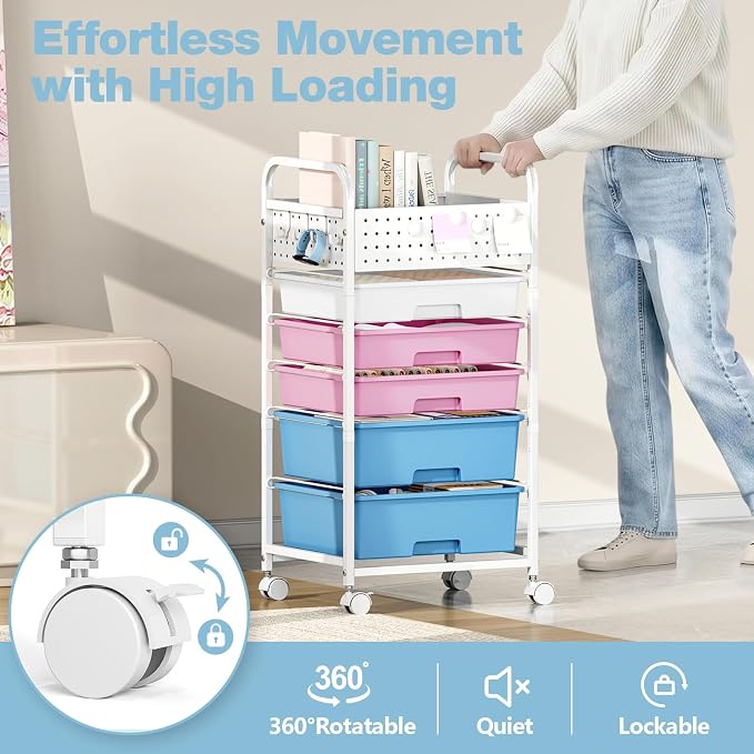 5 Drawer Rolling Storage Cart with Pegboard Top and Hooks, Mobile Organizer Cart with Wheels for Office Supplies, Craft Storage, Classroom Organization, Home Utility Cart, Pink&Blue