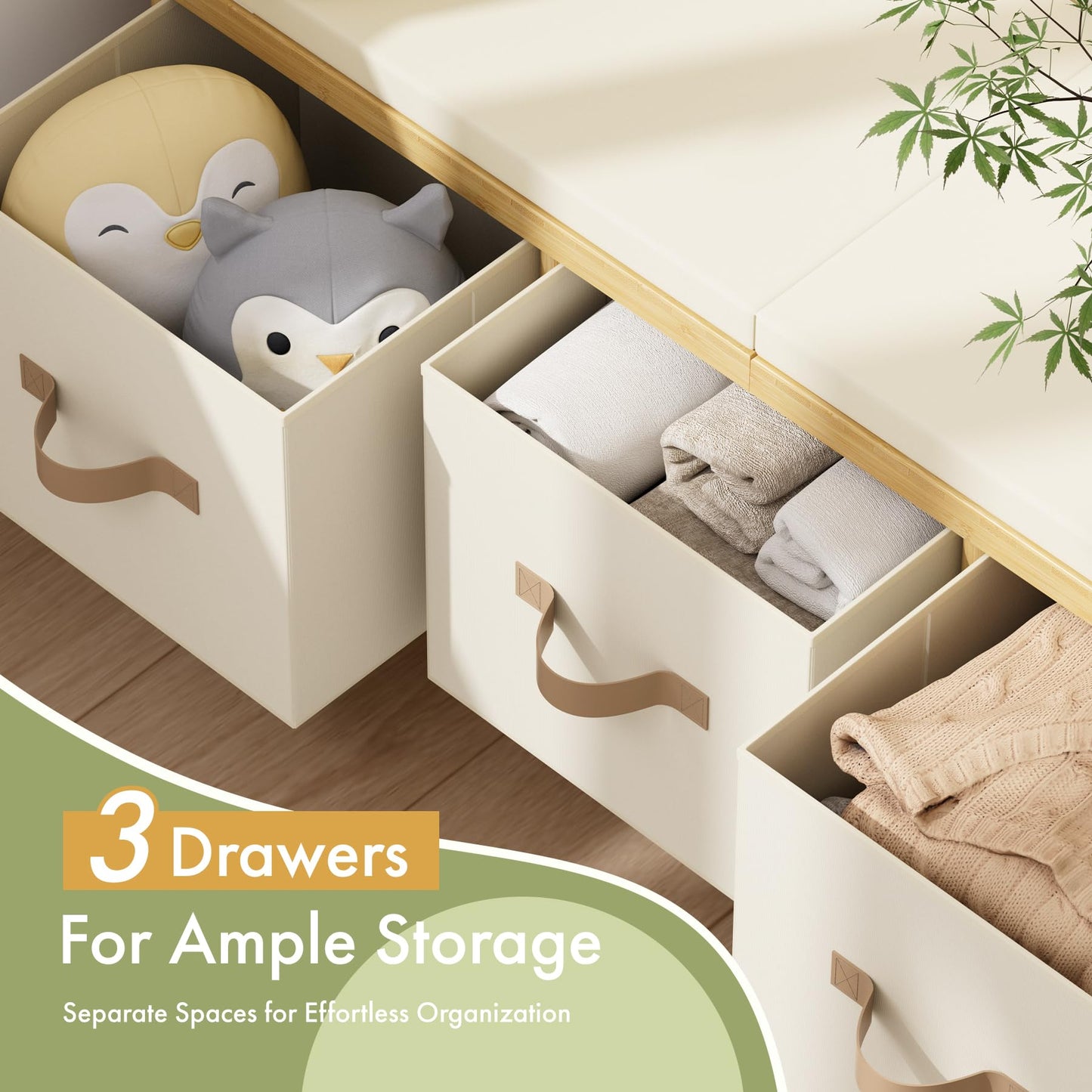 Atoping Storage Bench, 43.3" Bamboo Storage Chest with 3 Drawers, Entryway Bench with Cushioned Seat, End of Bed Bench with Storage Toy Box, Toy Chest Storage Bench for Entryway, Living Room, Bedroom