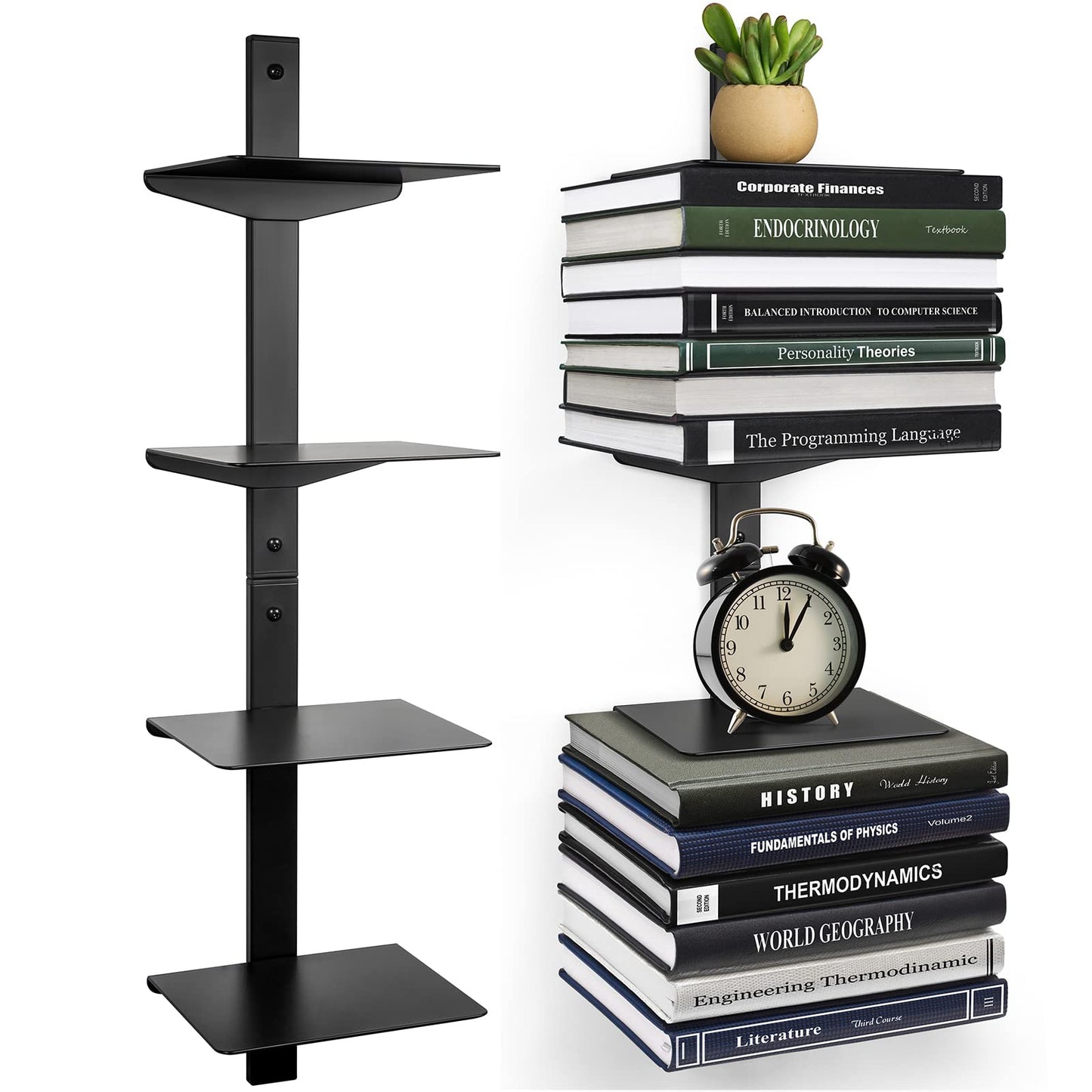 ART-GIFTREE Floating Book Shelves for Wall, 4 Tier Invisible Floating Bookshelf, Vertical Spine Book Tower, Wall Mounted & Space Saving, Heavy Duty Metal Book Organizer for Home Office, 2 Pack Black