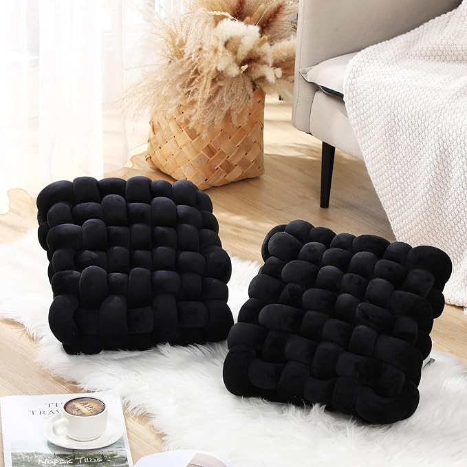 Wenqik 2 Pcs Knot Pillows Square Knotted Plush Throws Soft Accent Pillows Decoration Cushion for Couch Home Office Living Room Bedroom Bed Sofa Decor, 12'' x 13''(Black,Crystal Velvet)