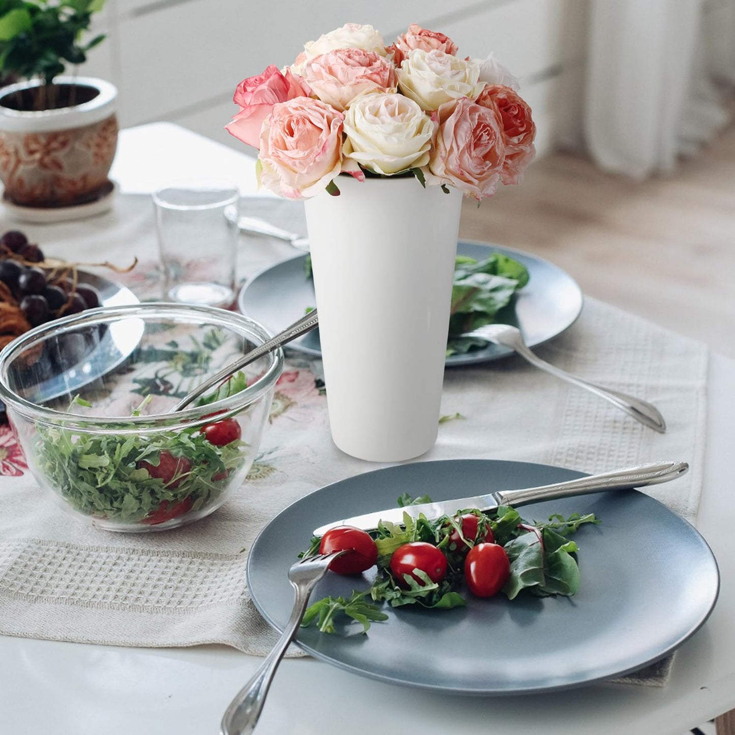 8 Pack Modern Round Vases Flower Buckets, 9.84 Inch Plastic Floral Flower Vases for Centerpieces Floral Display Decorative Buckets Table Home Bridal Shower Wedding Festival Decorations