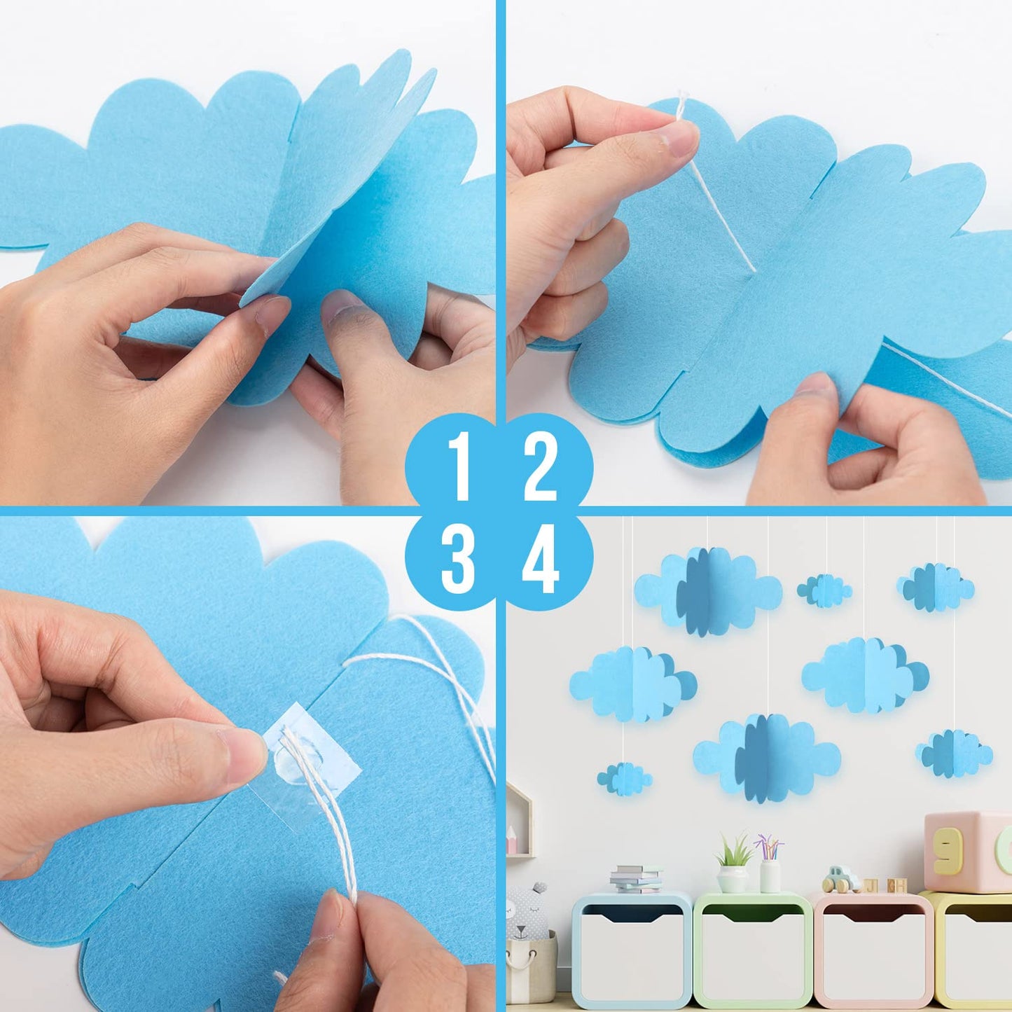 16 PCS 3D Cloud Decoration Blue Hanging Clouds and Raindrop for Cloud Ornaments Hanging Ceiling Decor for Party Nursery Children Room Ceiling Decorations