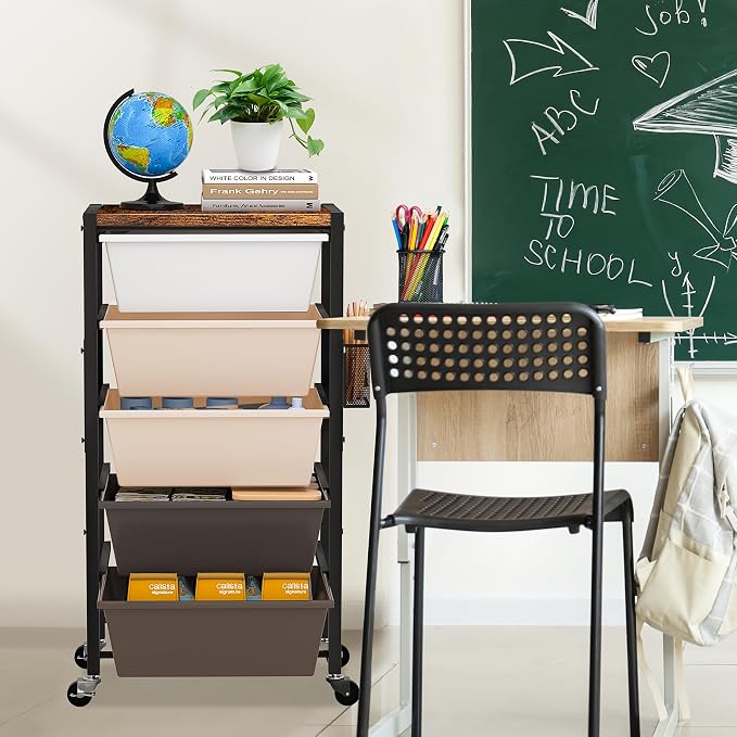Rolling Cart with Drawers, Rolling Storage Cart with Large Plastic Drawers & Wooden Tabletop, Utility Cart with Pegboards & Basket, Storage Drawers Cart for Living Room, Classroom, Bedroom, Office