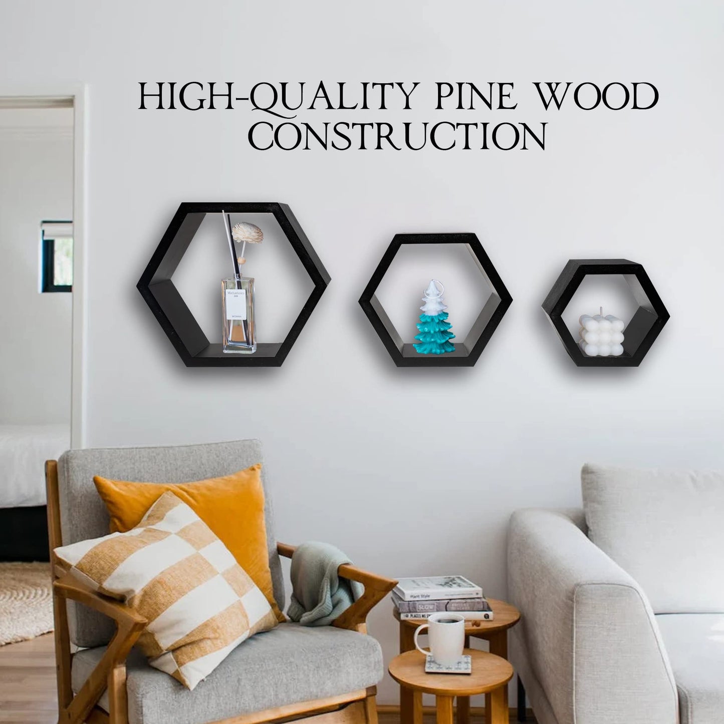 DD DEFINED DECO Set of 3 Pine Wood Hexagon Shelves for Wall Decor,Wall Mounted Floating Shelves,Farmhouse Honeycomb Living Room,Hanging Rustic Shelf Racks Bedroom,Nursery, Black, (B2C230007-3SET)