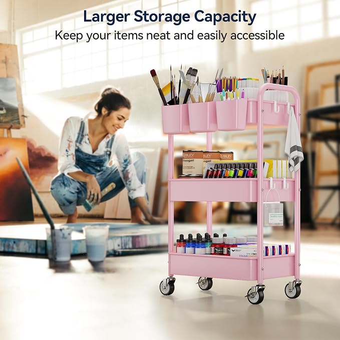 YASONIC 3-Tier Metal Rolling Cart, Heavy Duty Utility Cart with Lockable Wheels, Hanging Cups, Hooks, Mesh Rolling Storage Cart Craft Organizer, Lightweight and Sturdy, Pink