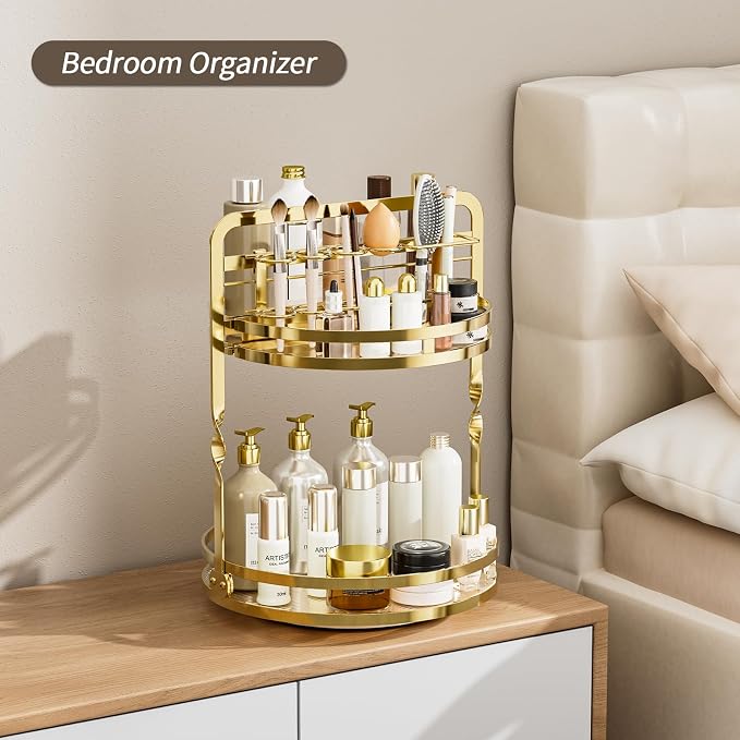 360° Rotating Makeup Organizer, 2-Tier Gold Perfume Organizer for Dresser, Bathroom Organizers Countertop, Perfume Shelf with Makeup Brush Holder, Skincare Holder Cosmetic Display(Gold)
