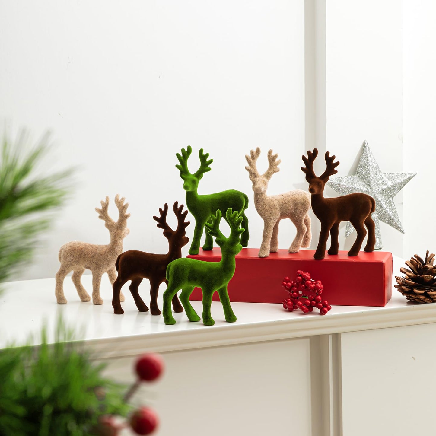 Yalikop 15pcs Reindeer Figurines Christmas Decoration Velvet Tabletop Ornaments Small Reindeer Mini Standing Deer Statues Elk Neutral Centerpiece for Home Office Fireplace Xmas Holiday Party Decor