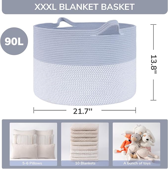 INDRESSME Large Rope Baskets - Organizing Storage, 21.7 x 13.8 Inch, Living Room, Kids, Decorative Nursery, Laundry, Towel, Gift Basket, Blue