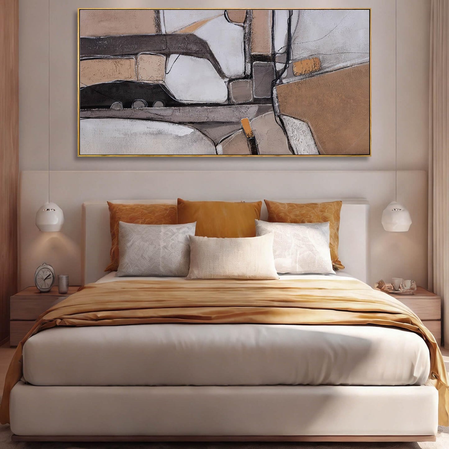 Brown Modern Neutral Abstract Canvas Wall Art 29x58 Inch, Large Framed Artwork with Wooden Frame, Contemporary Beige and Taupe Wall Decor for Living Room, Office, or Hallway