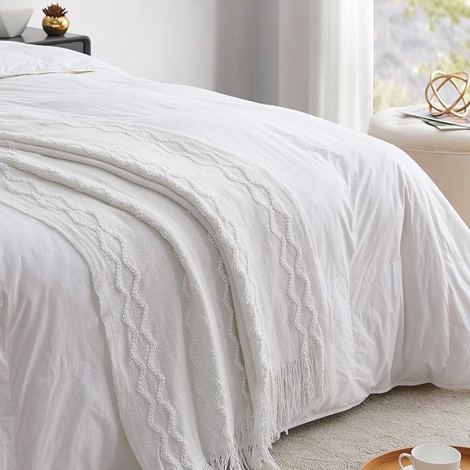 BOURINA Fluffy Chenille Knitted Fringe Throw Blanket Lightweight Soft Cozy for Bed Sofa Chair Throw Blankets, Off White 60"x80"