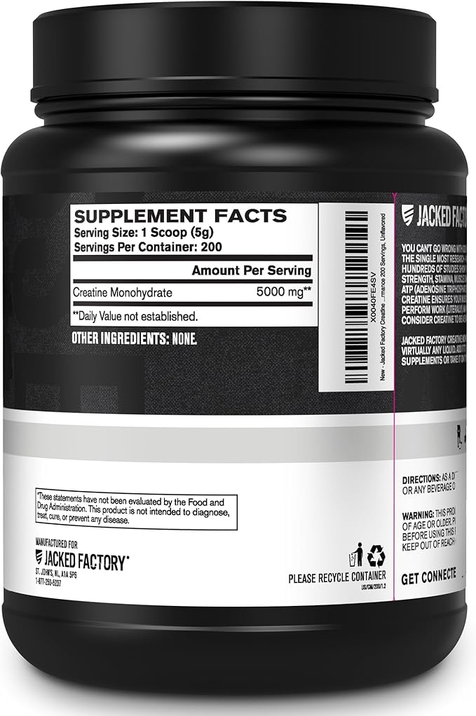 Jacked Factory Creatine Monohydrate Powder 1000g - 5g Daily Creatine Supplement for Men and Women, Vegan-Friendly, Third-Party Tested - 200 Servings, Unflavored