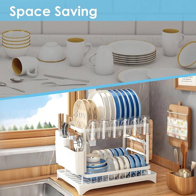 AIDERLY Dish Drying Rack for Kitchen Counter 2 Tier Iron Dish Drainer with Removable Cutlery Basket, White