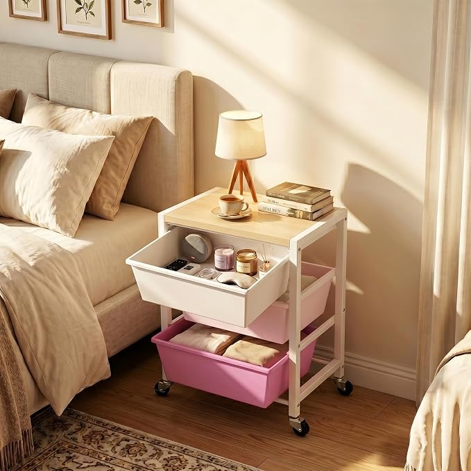 Rolling Cart with 3 Drawers, Plastic Drawer Storage Carts with Lockable Wheels & Wooden Tabletop, Metal Art Craft Utility Cart Organizer for Home Office Bedroom Dorm Bedside Classroom, Bright Pink