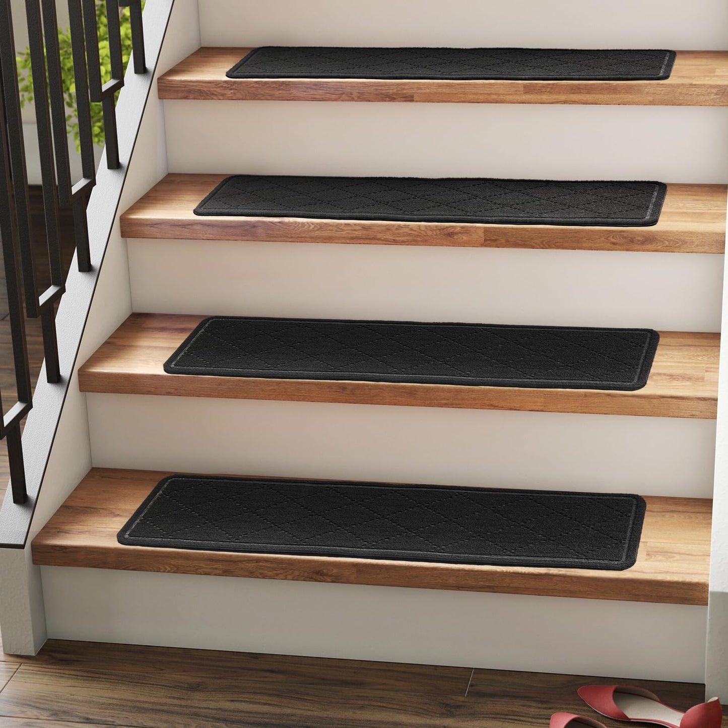 RIOLAND Carpet Stair Treads for Wooden Steps Indoor 9" x 36" Non Slip Stair Treads for Wood Stair with Reusable Adhesive, 15 Pack Peel and Stick Stair Runner for Kids Elders and Dogs, Diamond Black