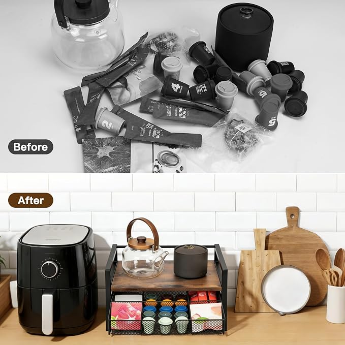 Tea Bag Organizer Holder, Wood Tea Box Organizer with 6 Compartments Storage Drawer, Rustic Brown Tea Station Chest, Countertop Display Storage Container Box for Kitchen Tea Station Chest