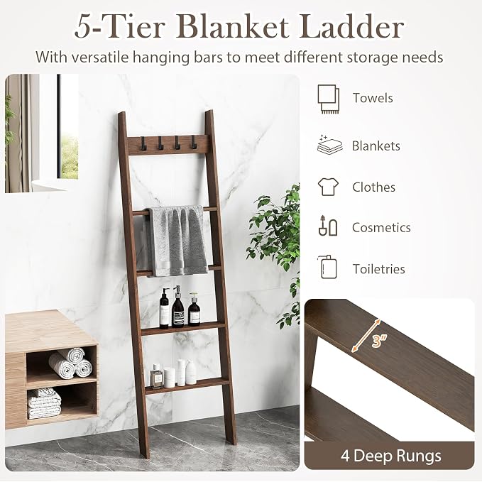 Giantex Bamboo Blanket Ladder, 5-Tier Ladder Shelf w/ 4 Removable Hooks, Decorative Wall Leaning Ladder, Blanket Holder w/Anti-Tip Straps, Farmhouse Towel Display Rack for Living Room, Bedroom