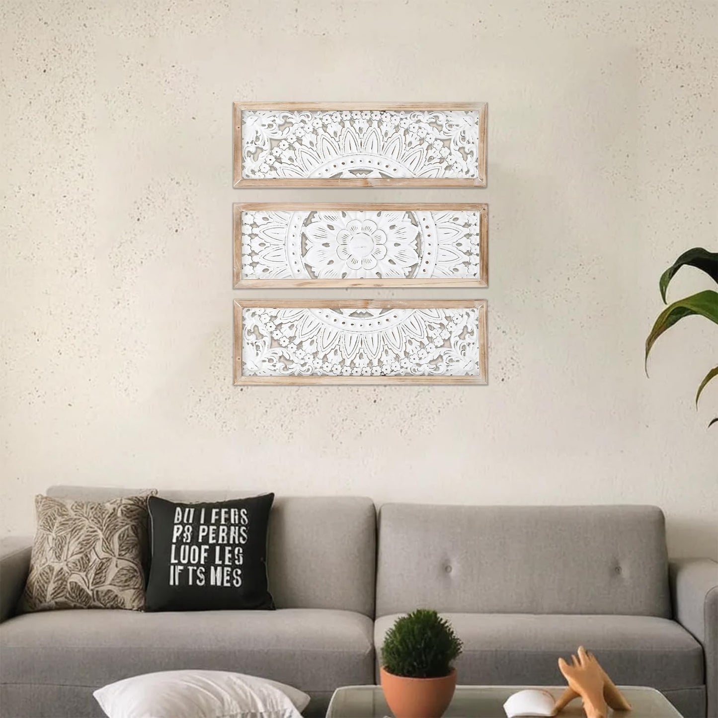 SwallowLiving 3D Layered Mandala Wood Wall Art Set of 3 – 23.6" Large Sacred Geometry Floral Sculptures, Intricately Carved Wood Panels for Meditation Room, Yoga Studio & Boho Decor, Distressed White