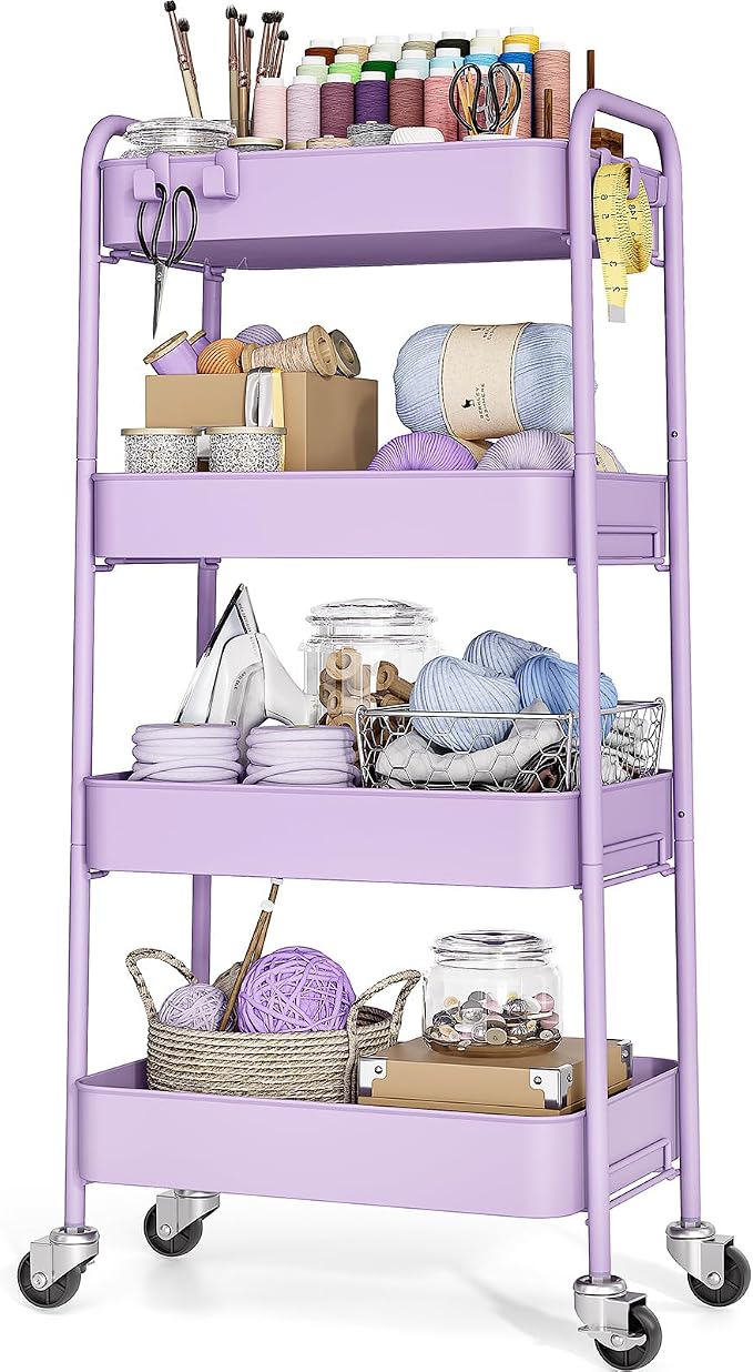 TOOLF 4-Tier Rolling Cart - Metal Storage Organizer with Lockable Wheels, 44 lbs Per Shelf Capacity, Tool-Free Assembly, for Kitchen Bathroom Office Laundry Room Nursery, Purple